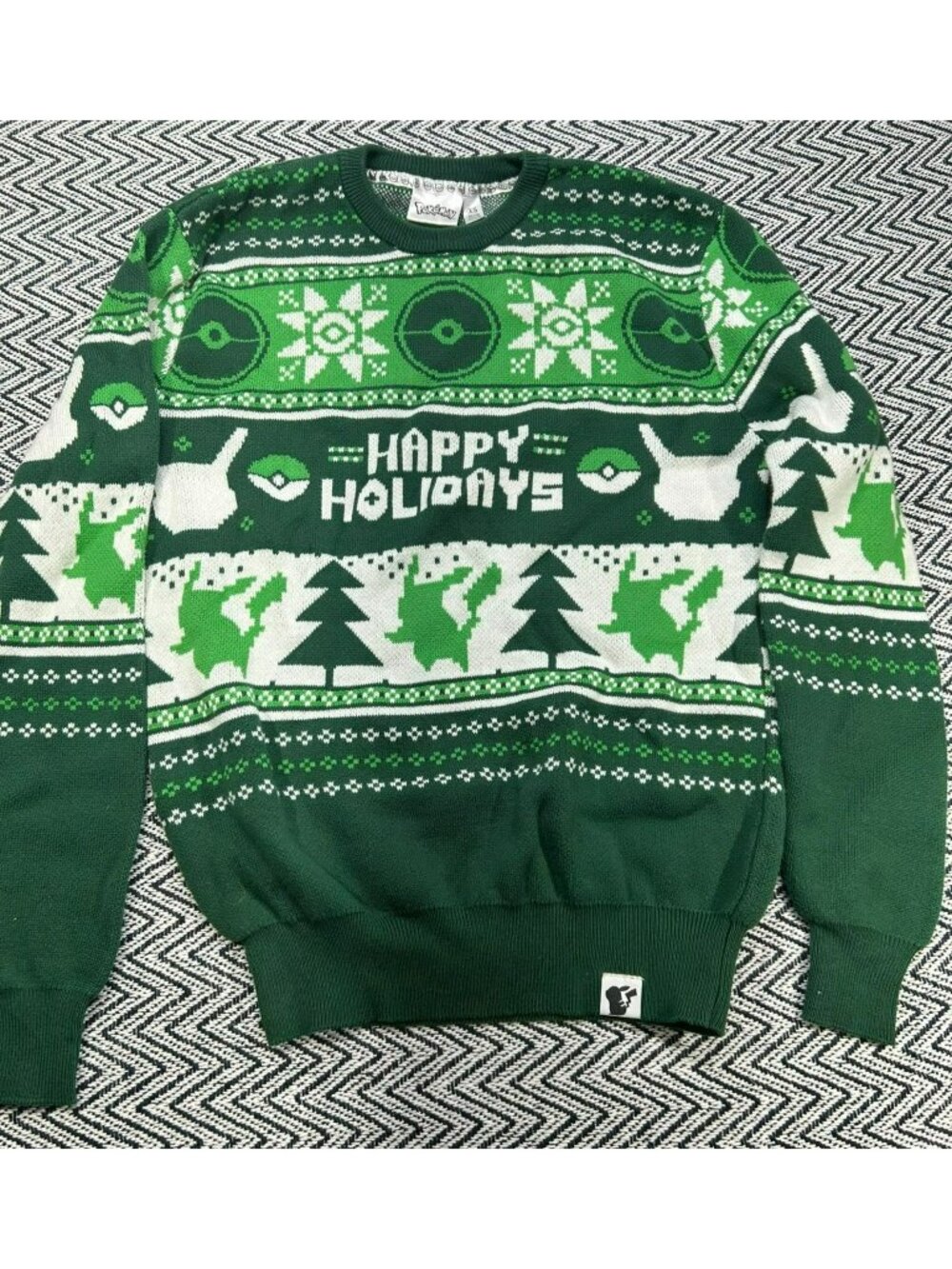 Pokémon Unisex Holiday Sweater Green/Bright White XS Cotton Blend Fair Isle